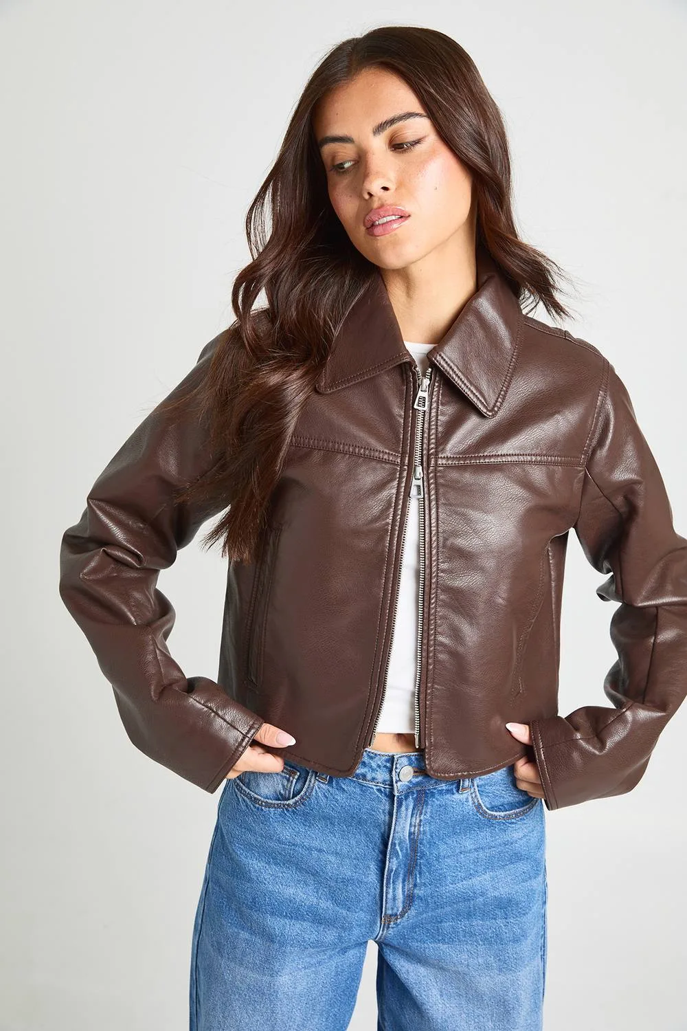 Cinched Waist Faux Leather Jacket by boohoo