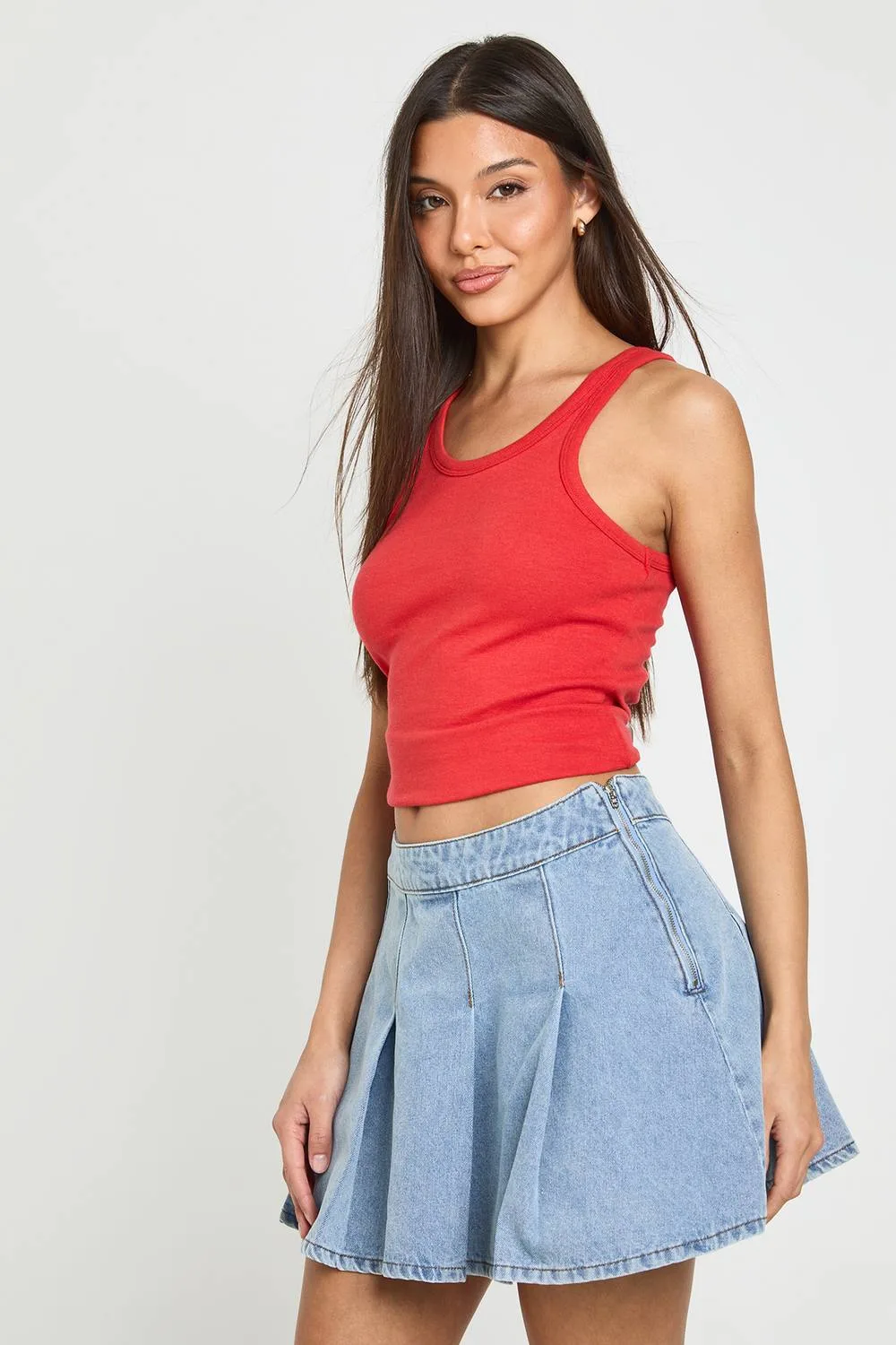 Pleated Denim Skirt by boohoo