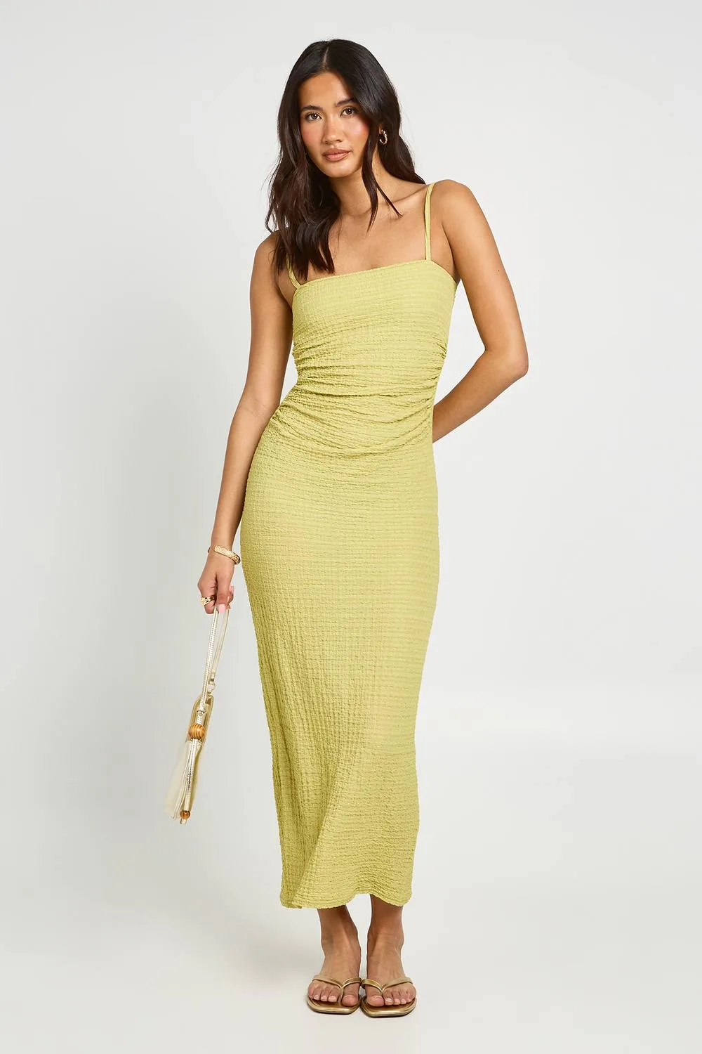 Textured Ruched Waist Midaxi Dress by boohoo