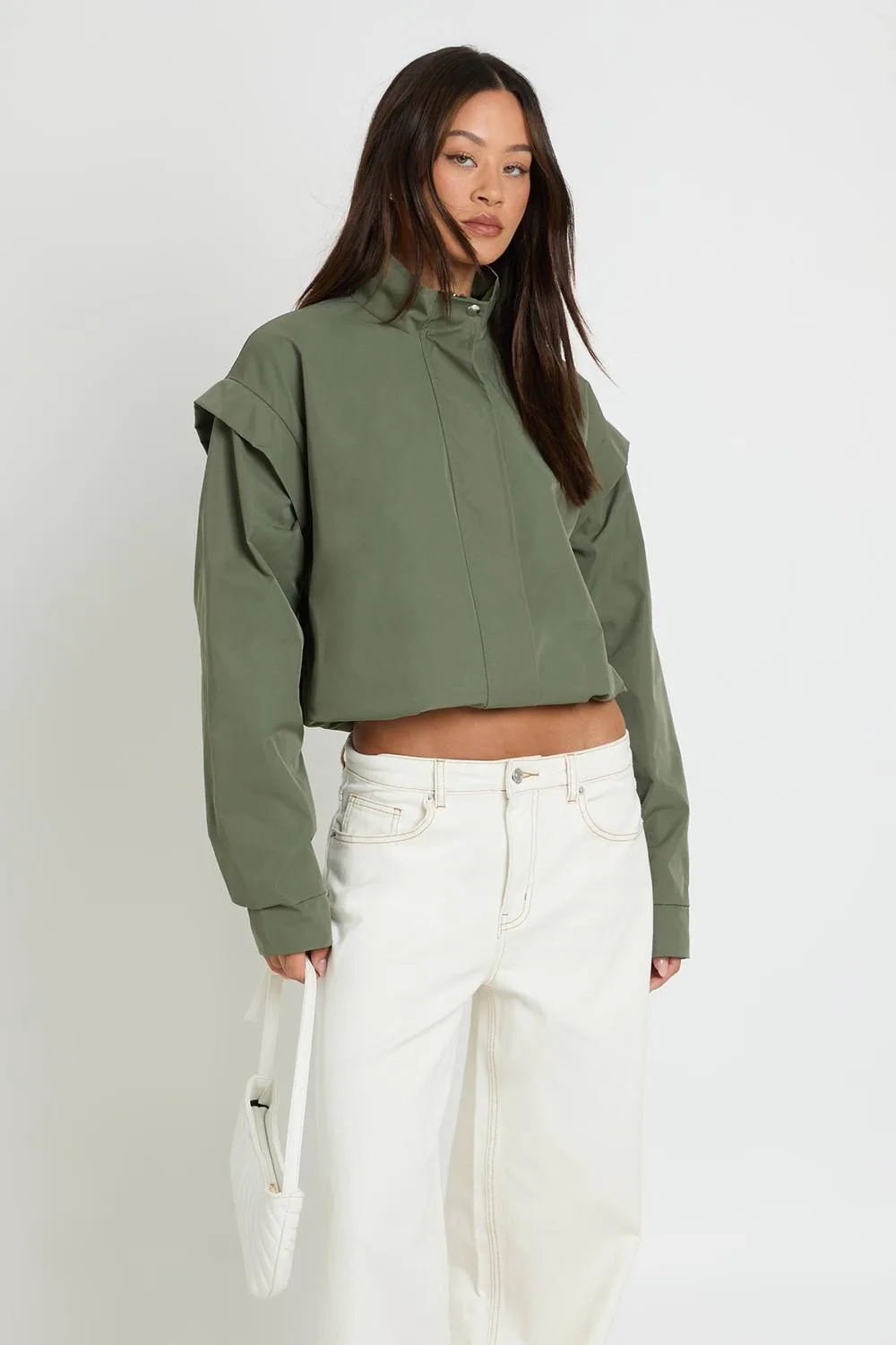 Shoulder Detail Funnel Neck Faux Leather Jacket by boohoo
