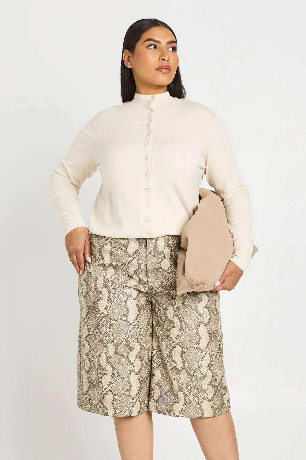 Super Soft Knitted Funnel Neck Button Through Cardigan - Stone by boohoo