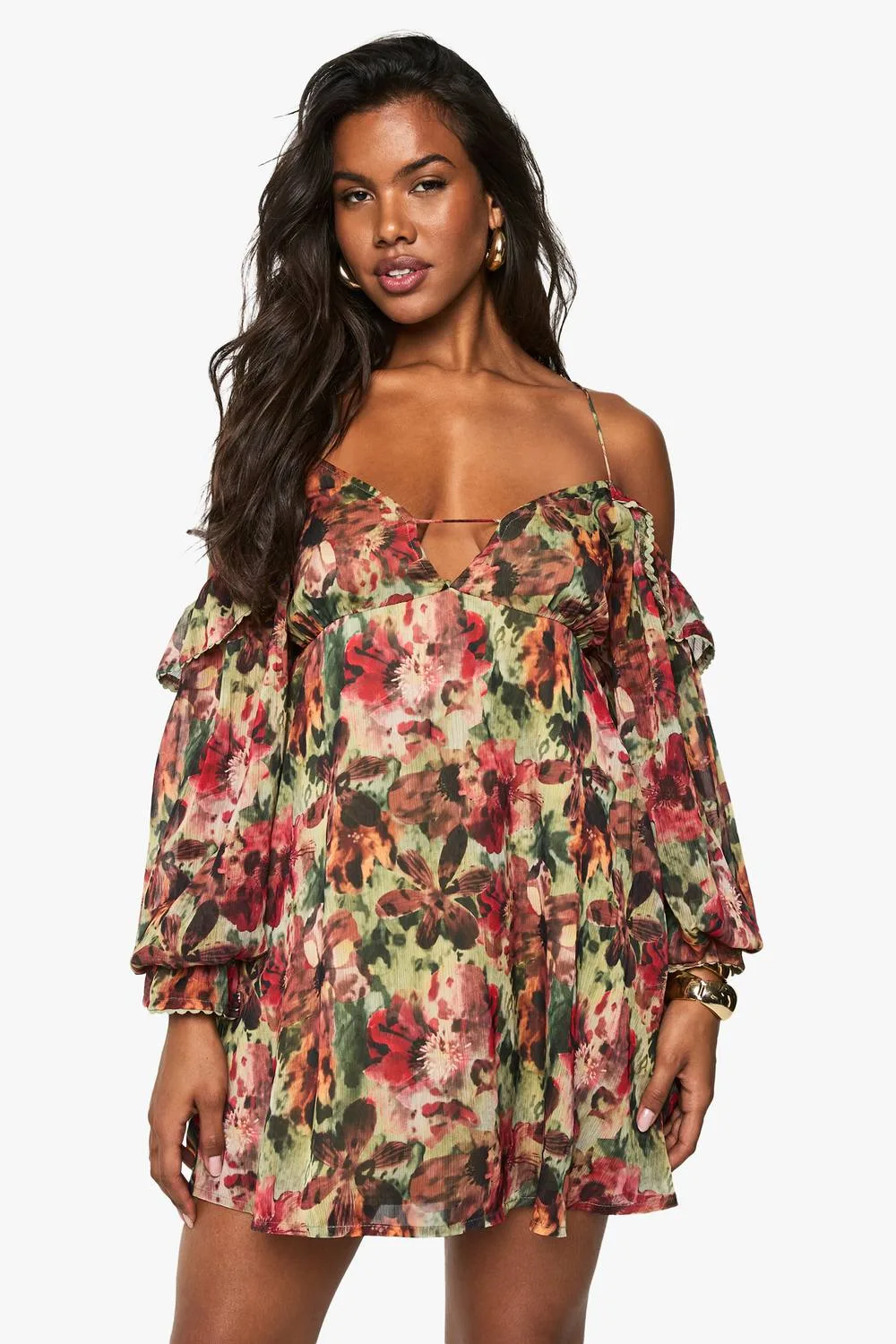 Floral Printed Chiffon Cold Shoulder Layered Mini Dress by boohoo