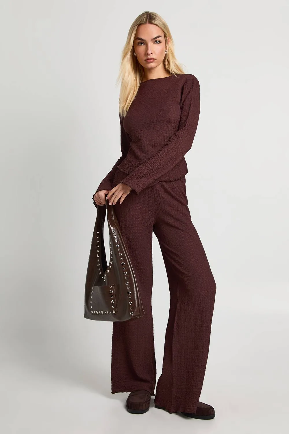 Textured Long Sleeve Lettuce Hem Top & Trouser Co Ord