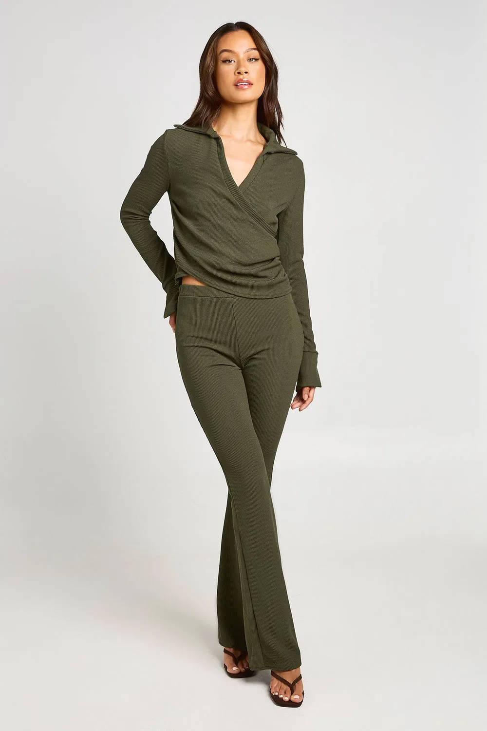 Crinkle Wrap Top & Flare Trouser Co-Ord by boohoo