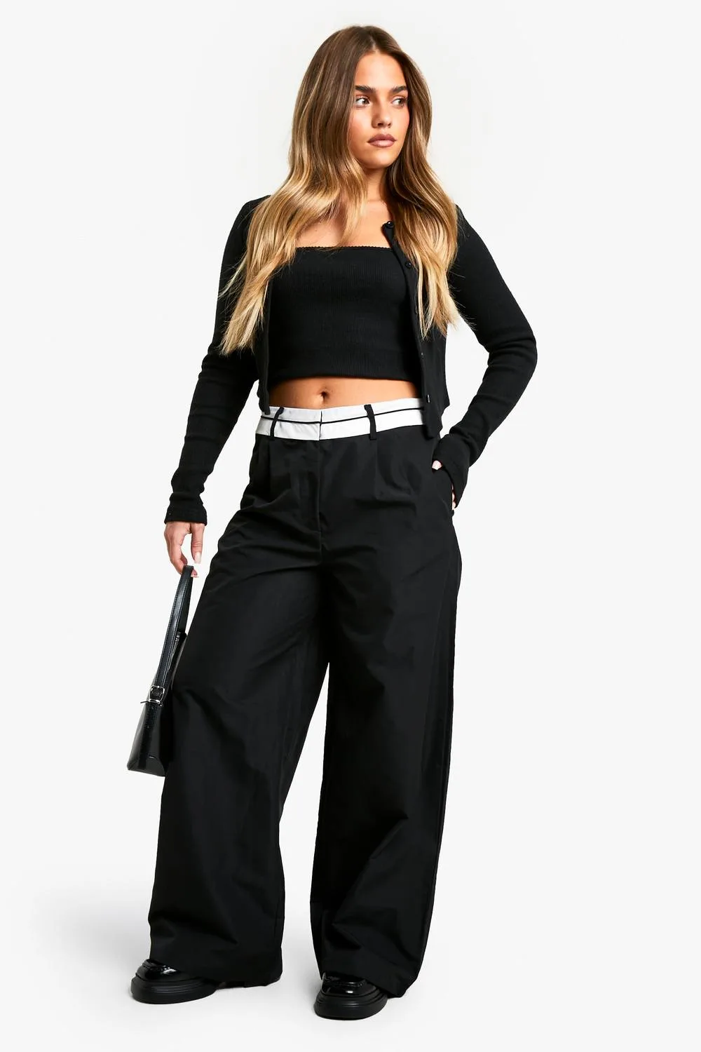 Reverse Waistband Tailored Wide Leg Trousers by boohoo