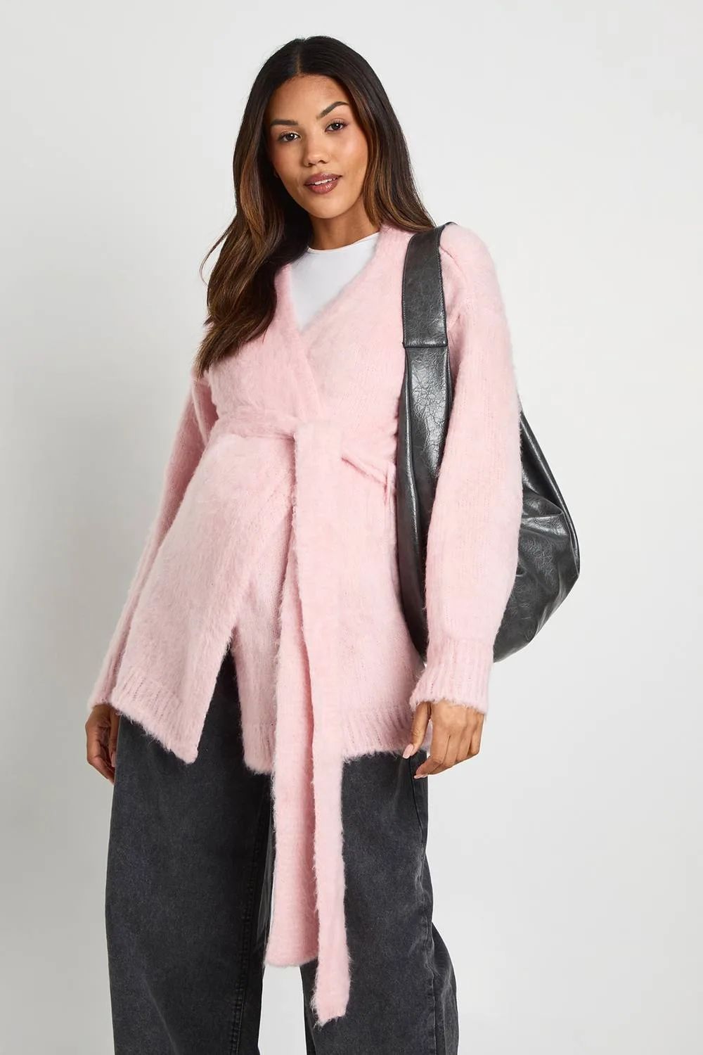 Maternity Fluffy Belted Cardigan by boohoo