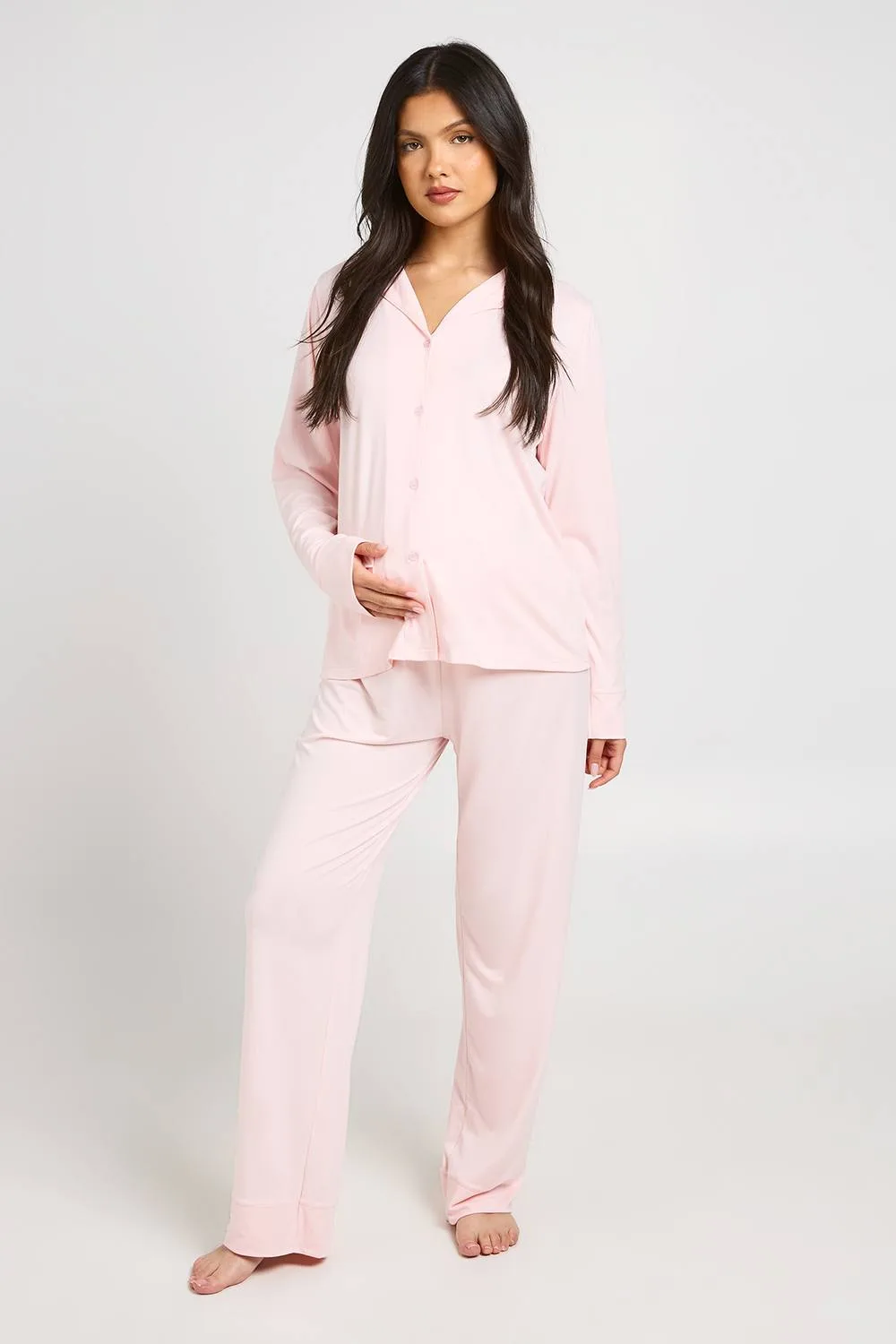Maternity Soft Touch Button Through Shirt & Trouser Pyjama Set by boohoo