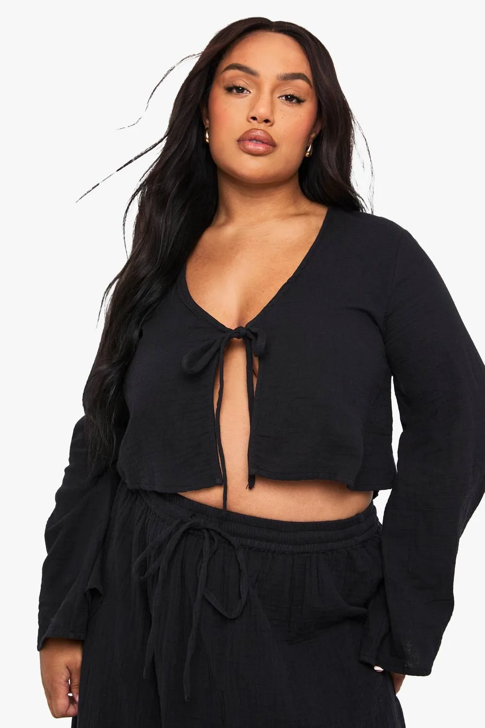 Cheesecloth Long Sleeve Tie Front Top by boohoo