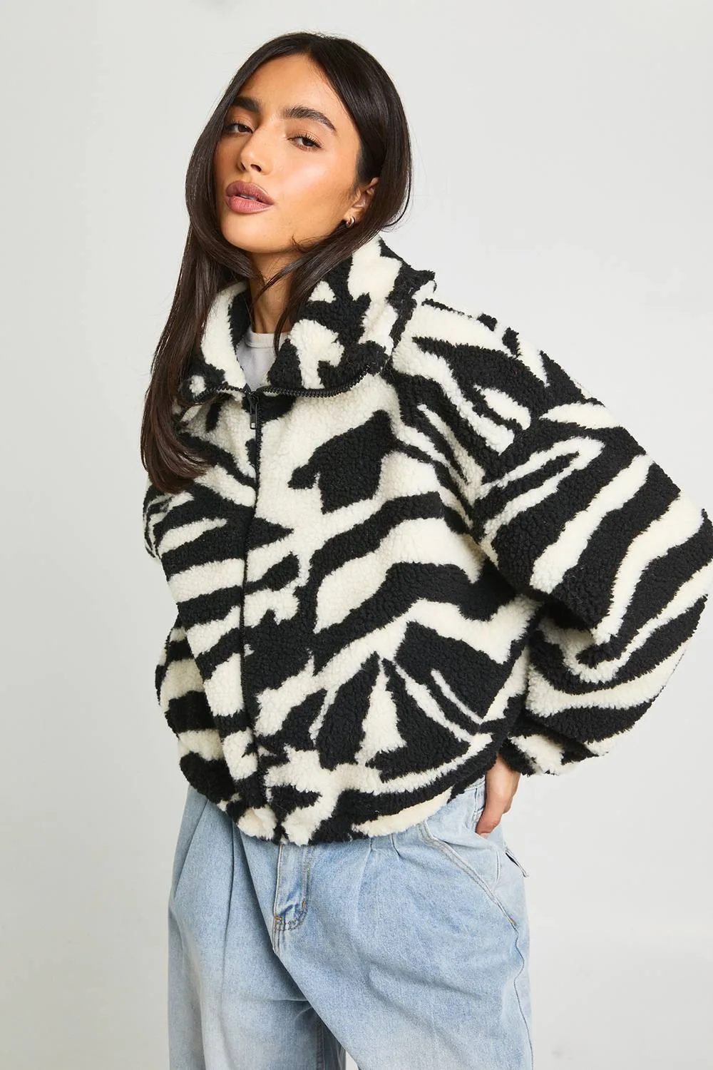 Funnel Neck Teddy Bomber Jacket by boohoo