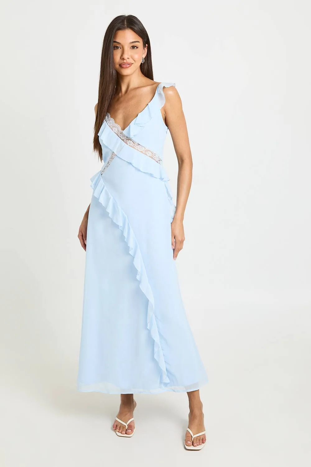 Chiffon Lace Detail Ruffled Midaxi Dress by boohoo