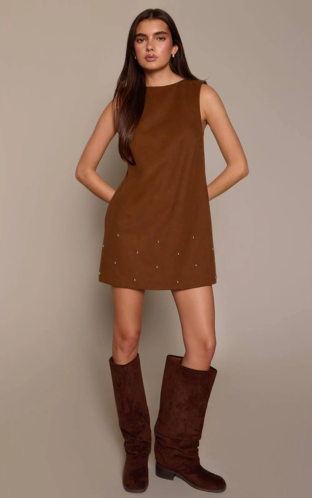 Faux Suede Stud Detail Boxy Shift Dress
