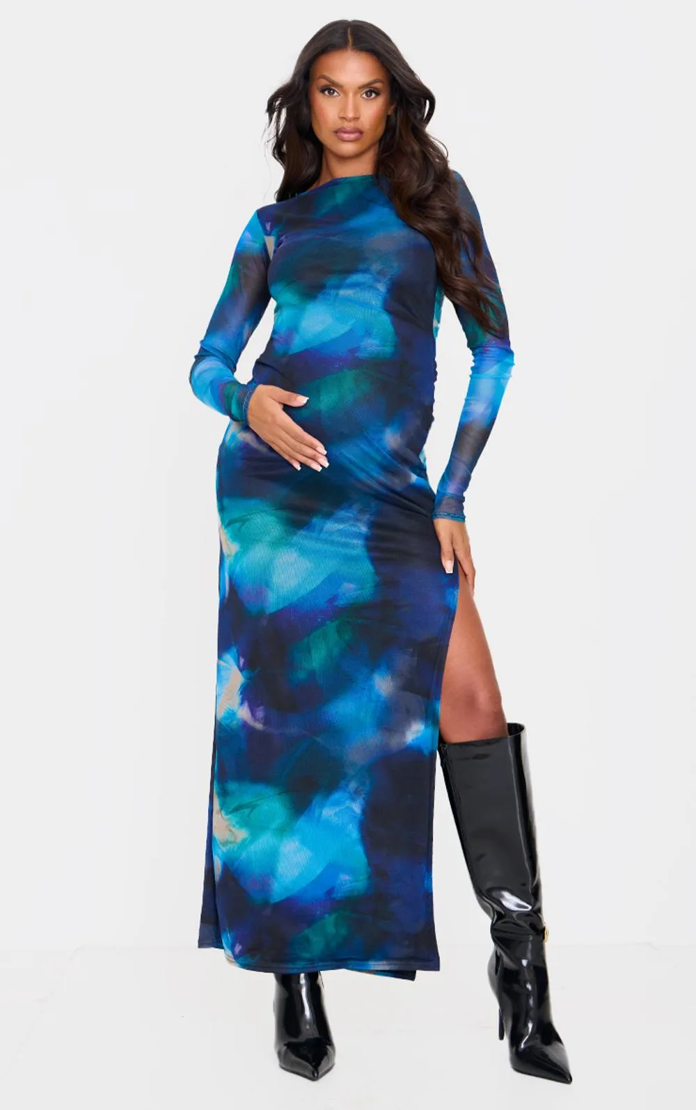 Maternity Printed Mesh Long Sleeve Maxi Dress by PrettyLittleThing