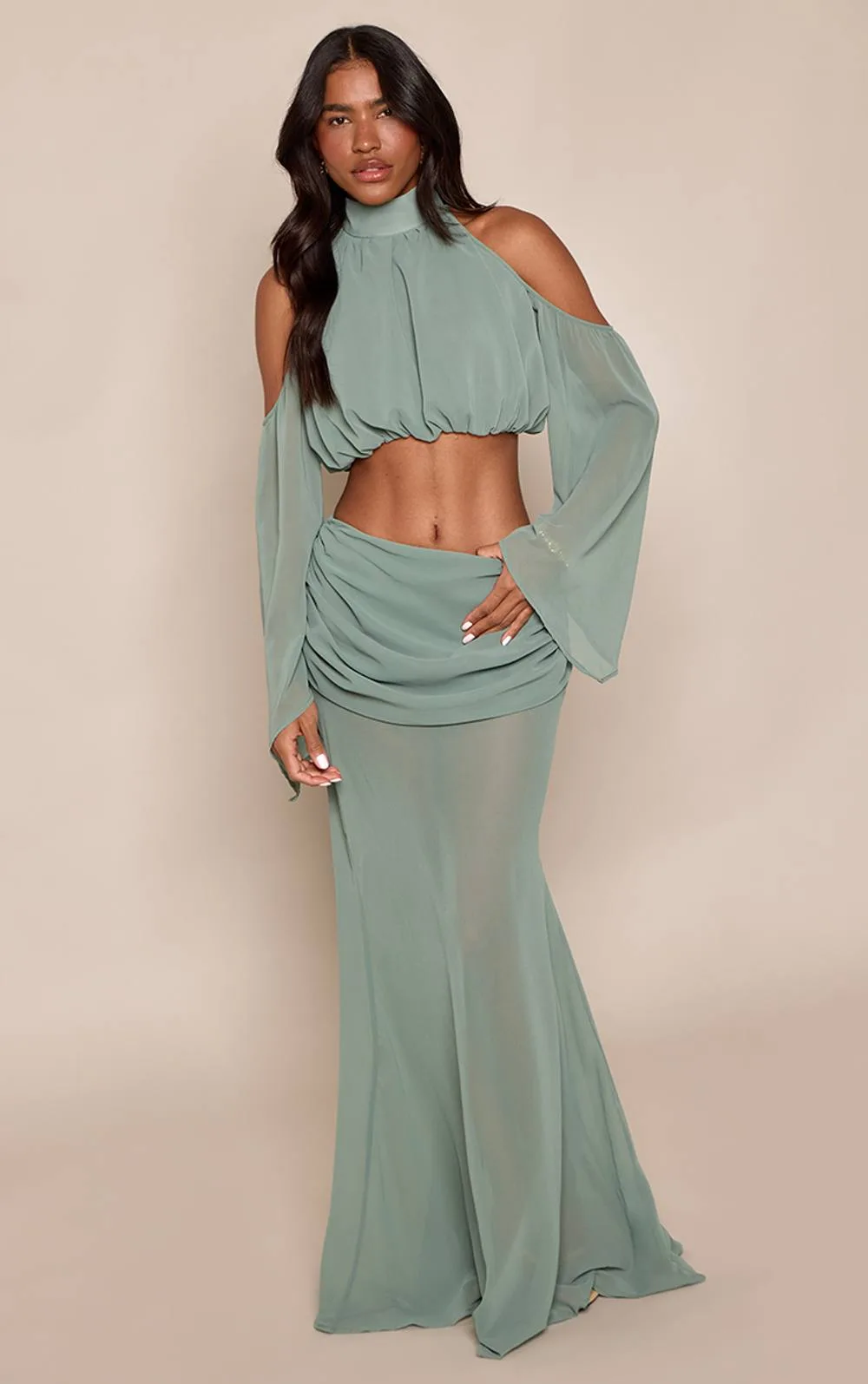 Chiffon Drape Waist Detail Maxi Skirt Co-Ord
