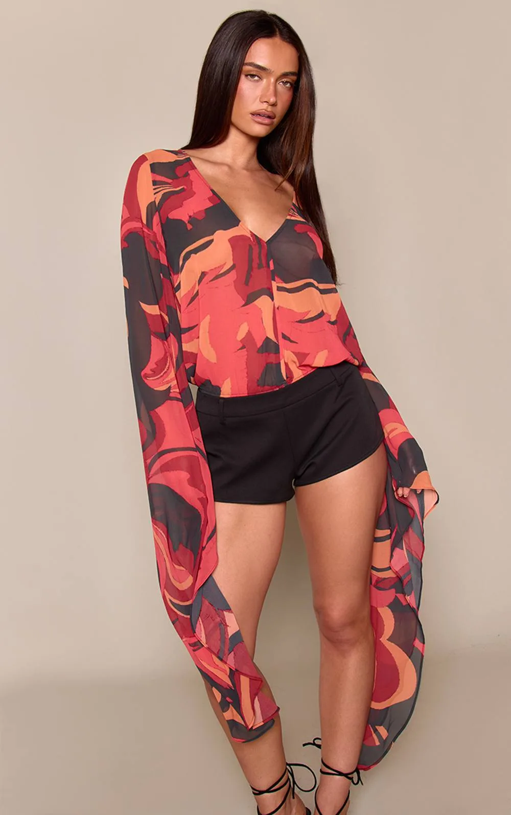 Abstract Print Chiffon Flute Sleeve Top by PrettyLittleThing