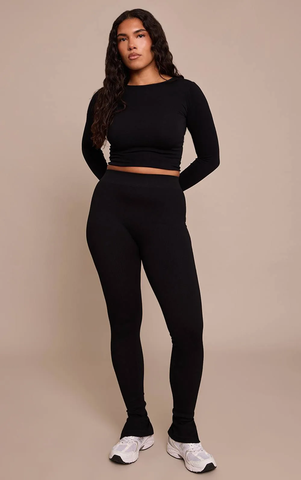 Shape Contour Ribbed Split Hem Leggings Pants by PrettyLittleThing