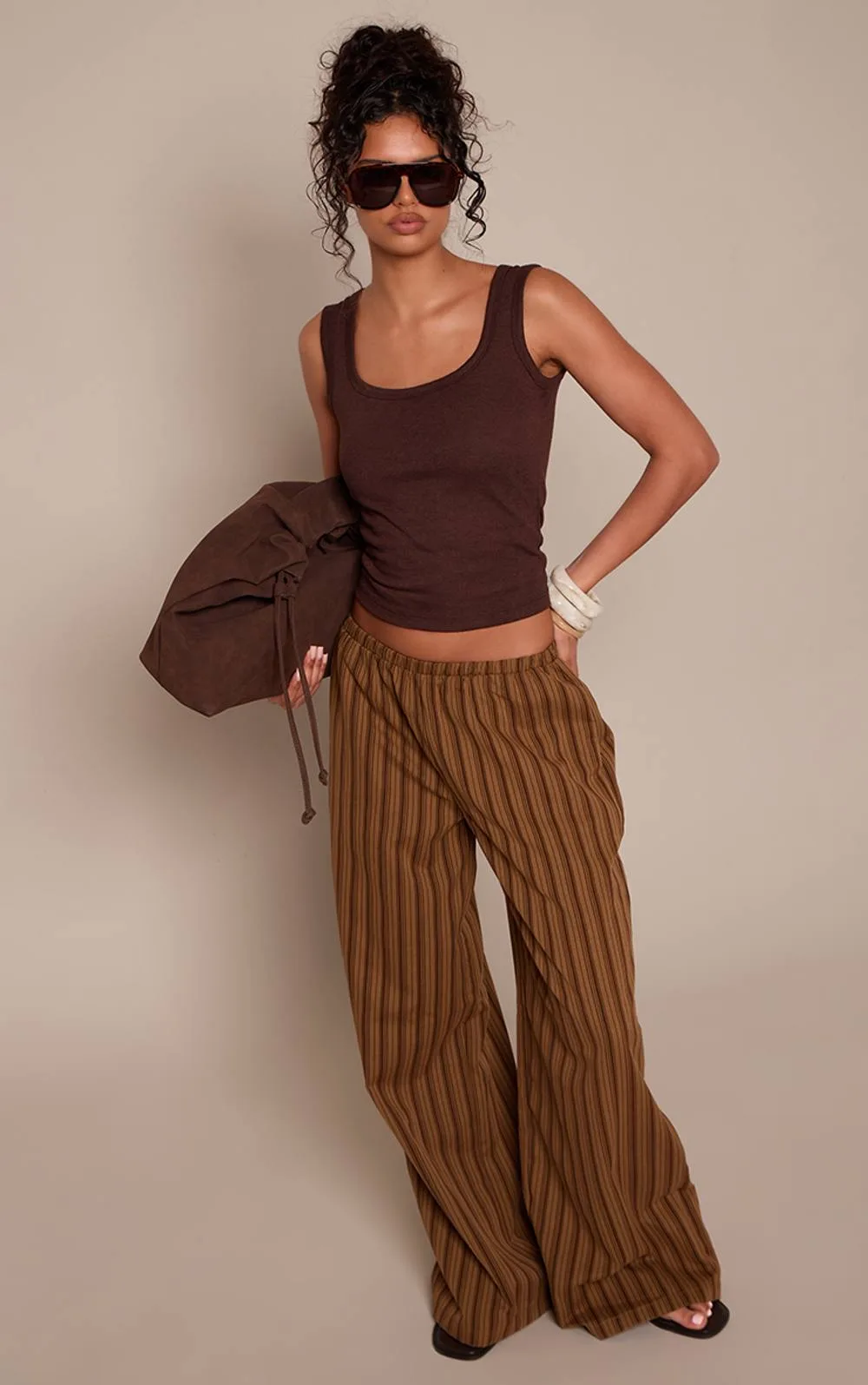 Stripe Shirred Waistband Wide Leg Trousers