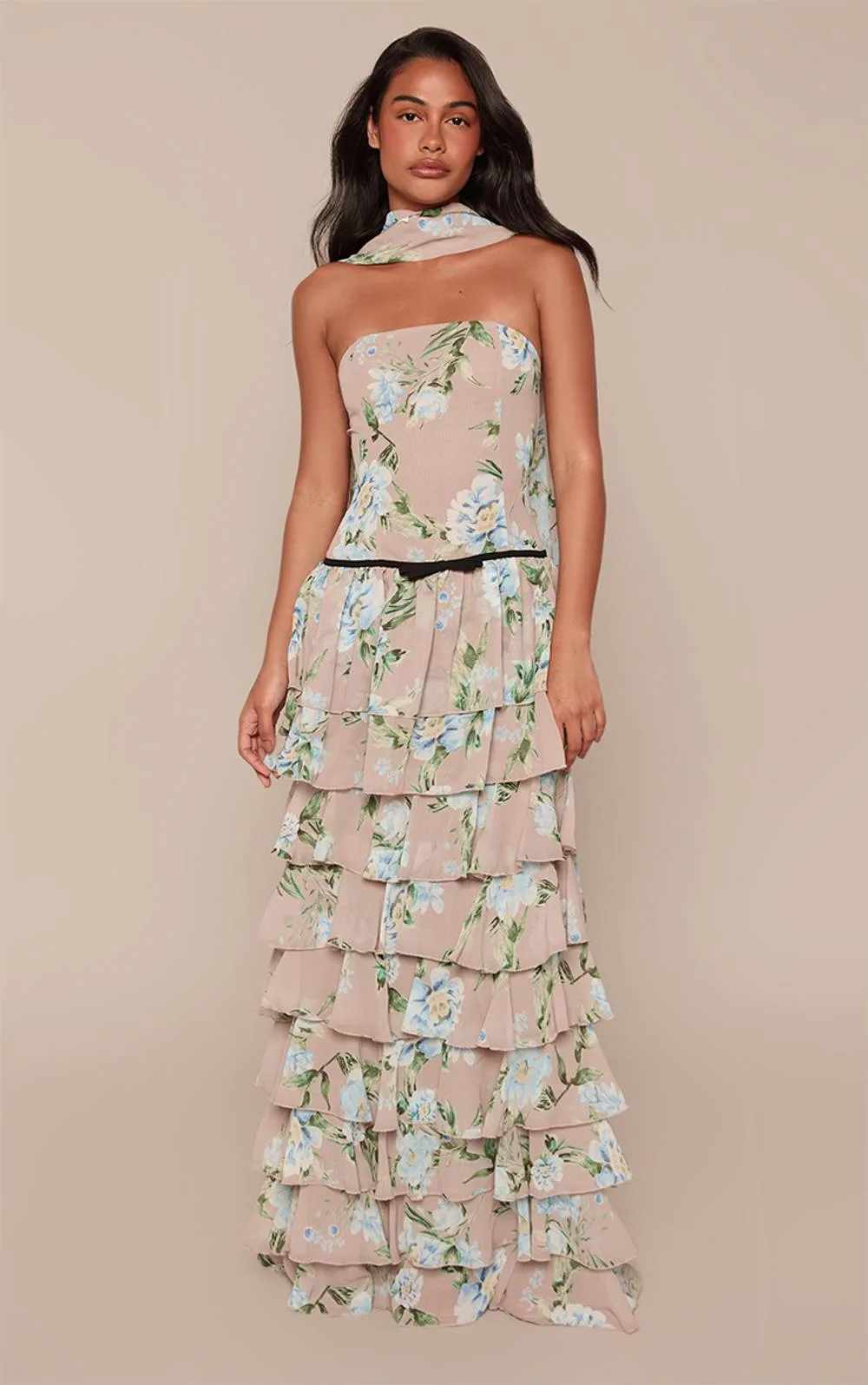 Floral Printed Chiffon Bandeau Tiered Frill Maxi Dress by PrettyLittleThing