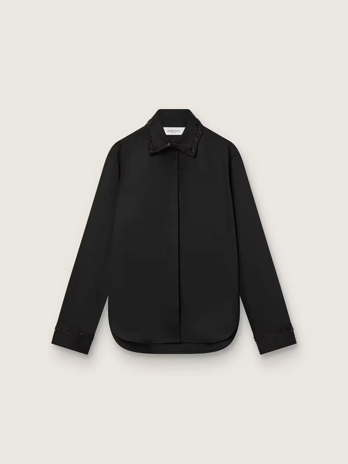 Shirt in Black Wool Twill with Floral Embroidery in Glass Beads by Golden Goose