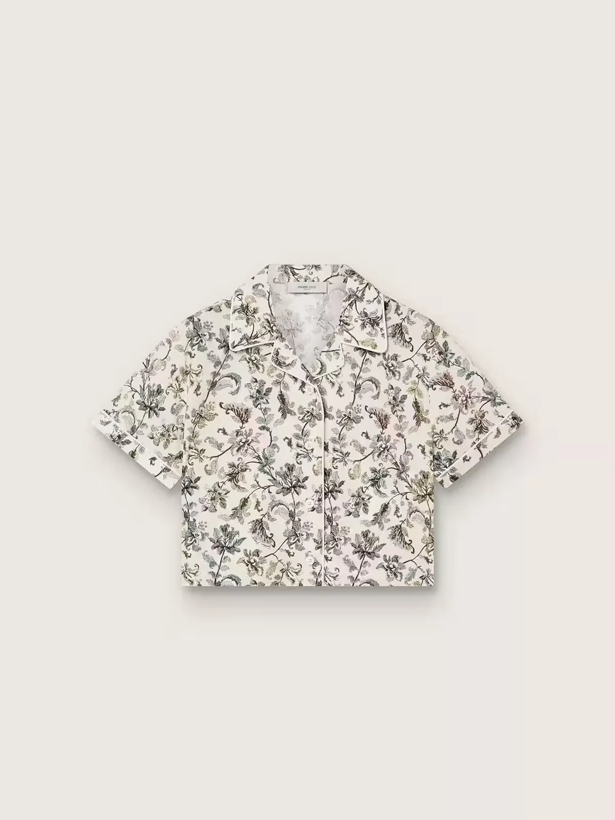 Journey Short-Sleeved Shirt in White Cotton Canvas with a Green Floral Print by Golden Goose