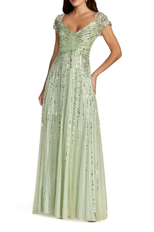 Beaded Cap Sleeve V-Neck A-Line Evening Gown