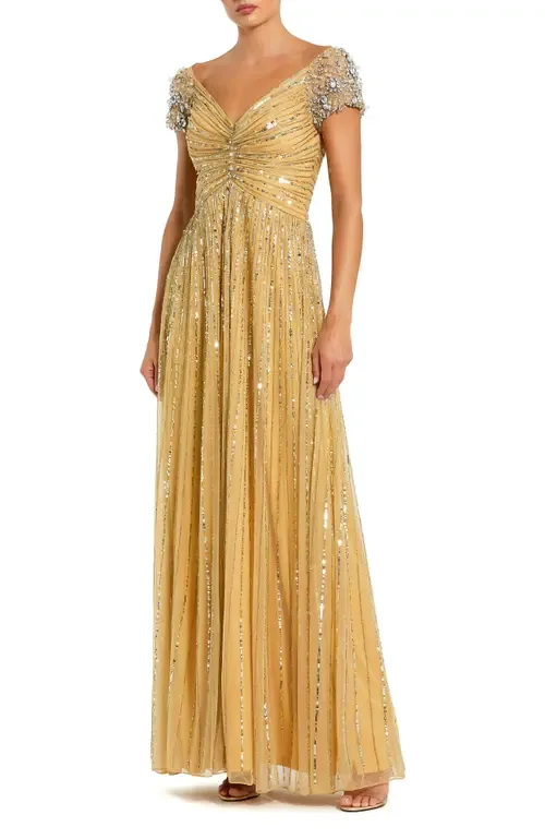 Beaded Cap Sleeve V-Neck A-Line Evening Gown
