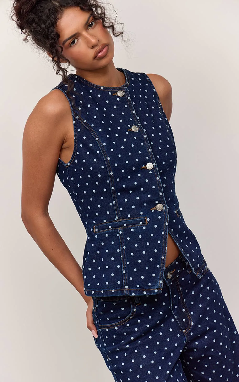 Polka Dot Longline Fitted Denim Waistcoat by PrettyLittleThing