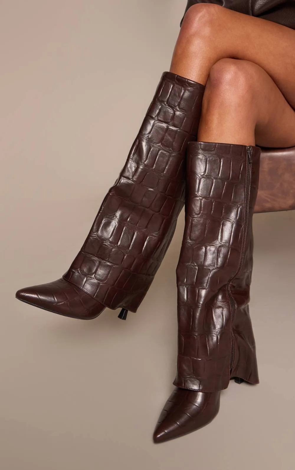 Croc Faux Leather Heeled Foldover Knee High Boots
