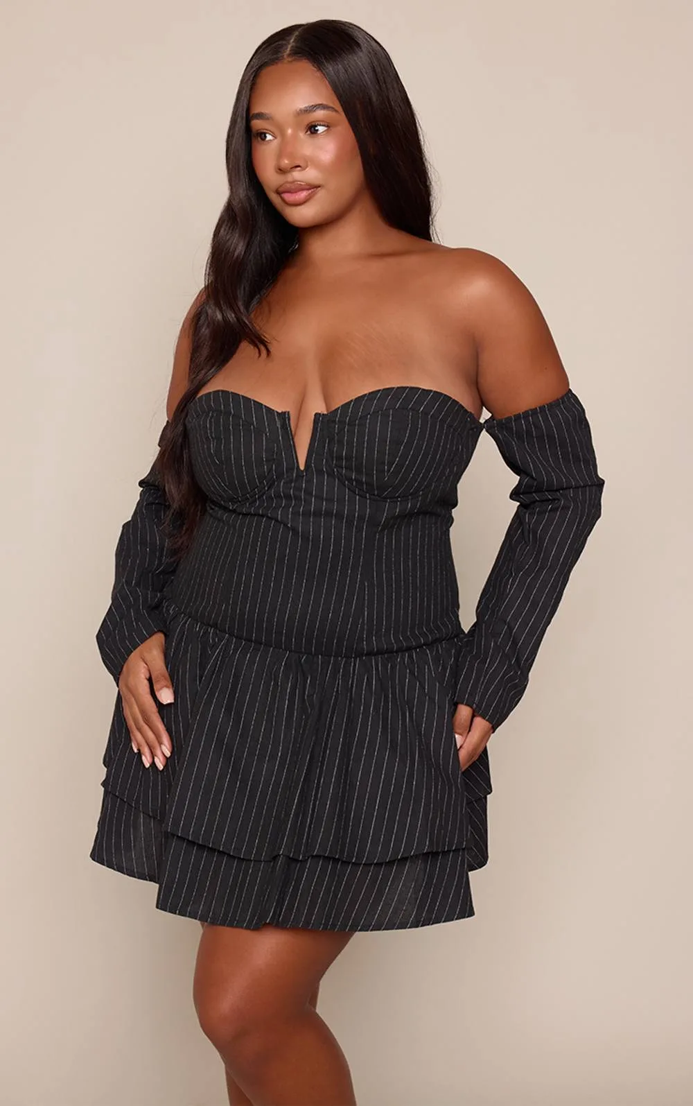 Pinstripe Cup Detail Bardot Shift Dress by PrettyLittleThing