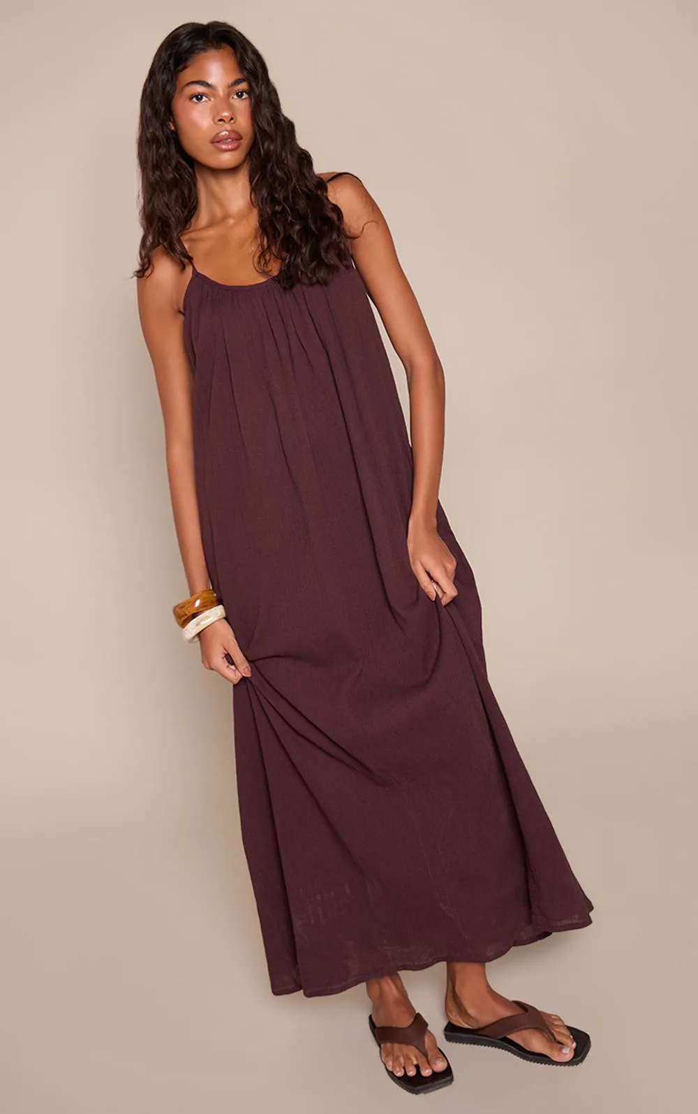 Textured Linen Look Scoop Floaty Maxi Dress by PrettyLittleThing