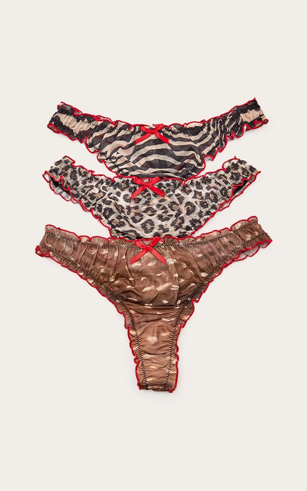 Animal Print 3 Pack Contrast Stitch Mesh Frill Thong by PrettyLittleThing