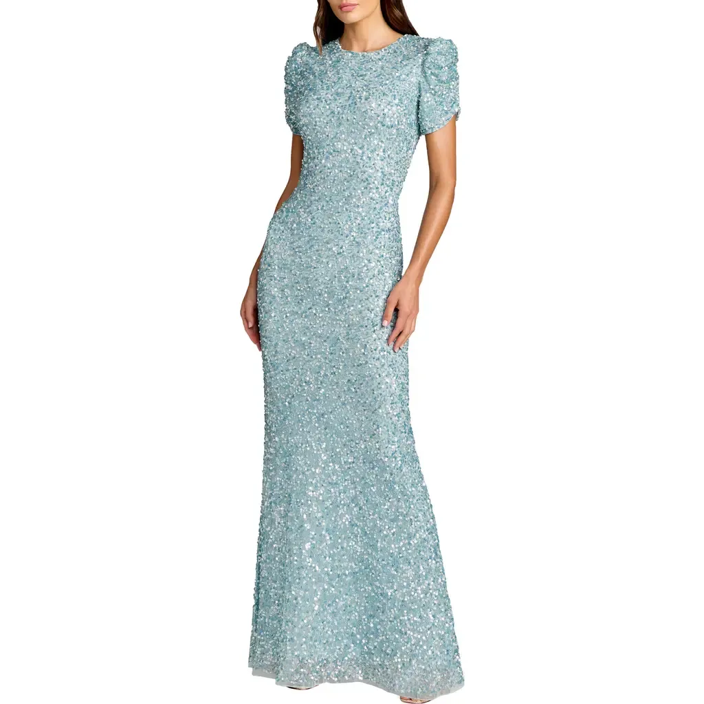 Embellished Mesh High Neck Puff Sleeve Gown by Mac Duggal
