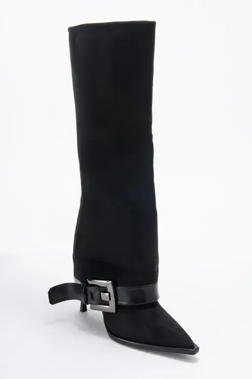 Elva Buckle Strap Knee High Boot in Black Suede Faux Leather by Prologue Shoes
