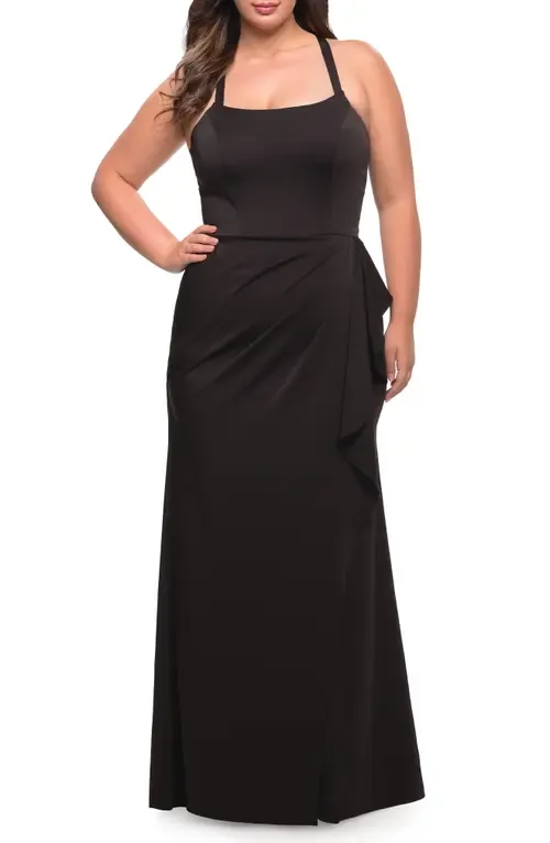 Elegant Jersey Gown with Ruffle Slit Detail by La Femme