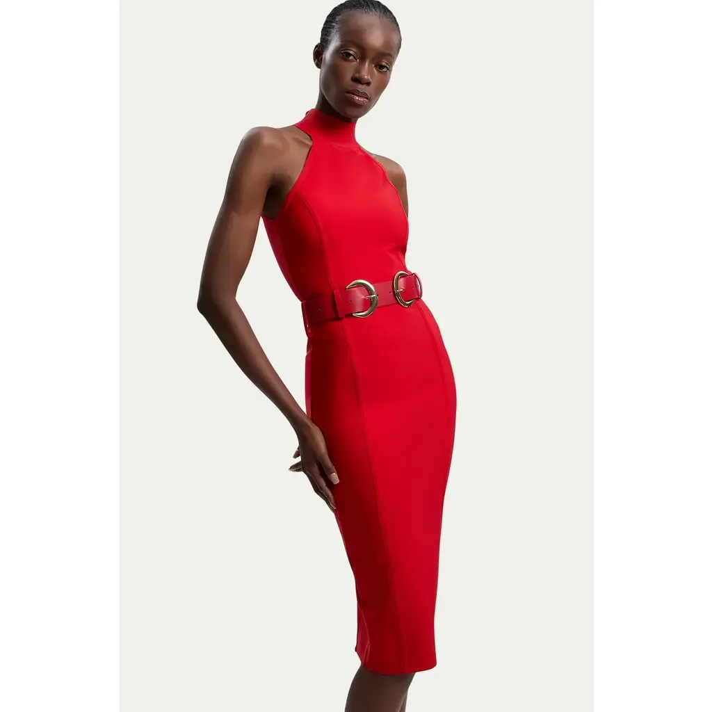 Bandage High Neck Buckle Trim Midi Dress by Karen Millen