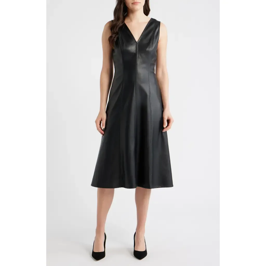 V-Neck Faux Leather Fit & Flare Midi Dress by Maggy London