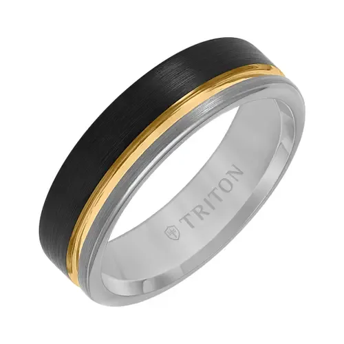 6.5MM Tungsten Carbide Ring with Black, Yellow and Grey Tungsten Center Groove and Brushed Finish with Flat Edge by Triton