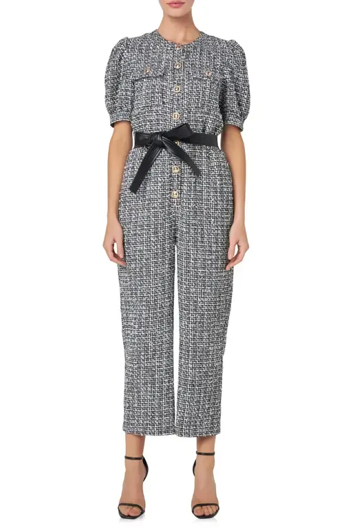 Tweed Puff Sleeve Ankle Jumpsuit by English Factory