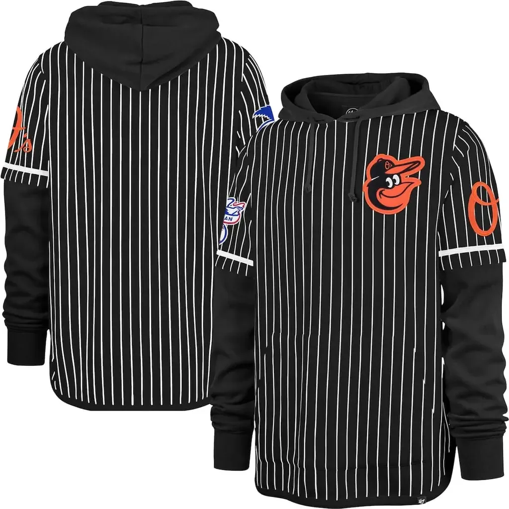'47 Black Baltimore Orioles Pinstripe Double Header Pullover Hoodie by '47