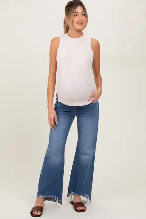Distressed Fringe Hi-Lo Hem Cropped Flare Maternity Jeans by PinkBlush