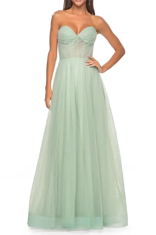 Sweetheart Tulle and Rhinestone Prom Dress with Illusion Detail by La Femme