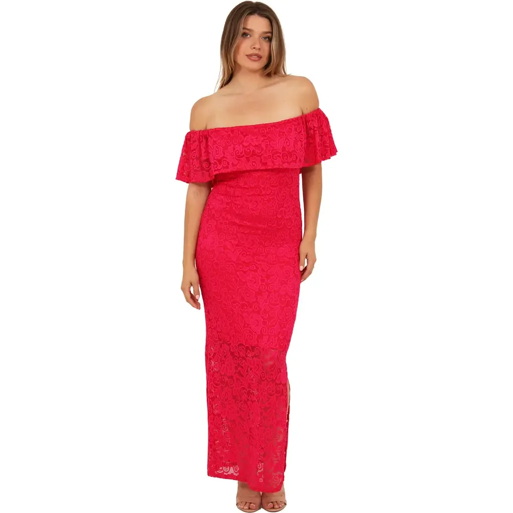 Elevate Lace Off the Shoulder Side Slit Body-Con Maxi Dress by 24seven Comfort Apparel