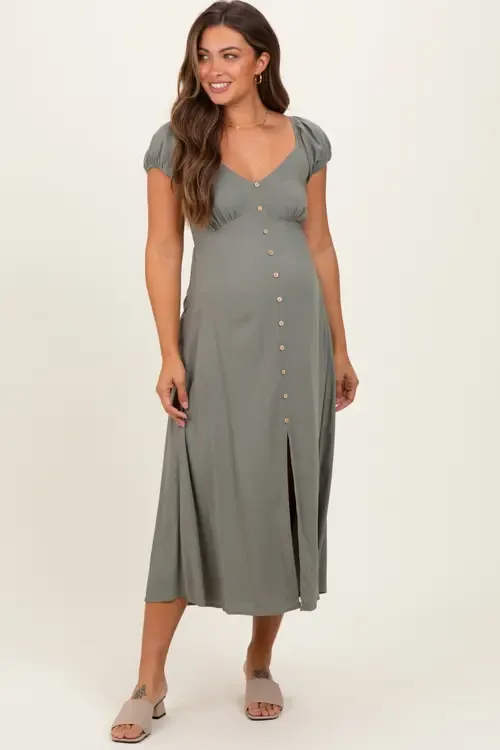 Button Accent Front Slit Midi Dress by PinkBlush