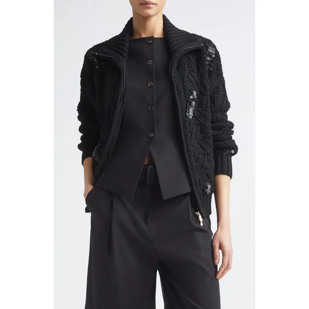 Sequin Embellished Cable Stitch Wool Zip Cardigan by Eleventy