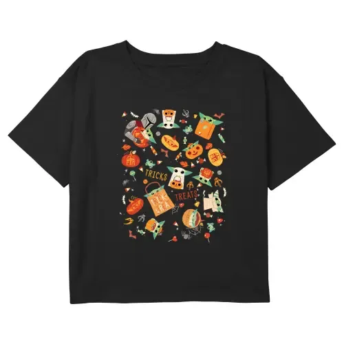 Star Wars the Mandalorian Trick or Treat Grogu Collage Graphic Cropped T-Shirt by Star Wars: The Mandalorian