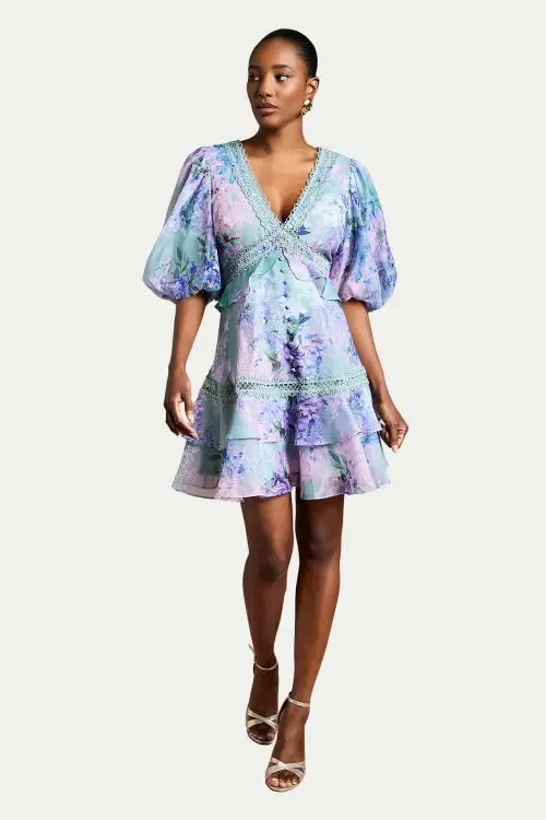 Lace Trim Puff Sleeve Organza Mini Dress by Coast