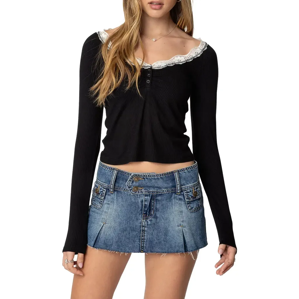 Tracey Crop Lace Trim Rib Henley by EDIKTED