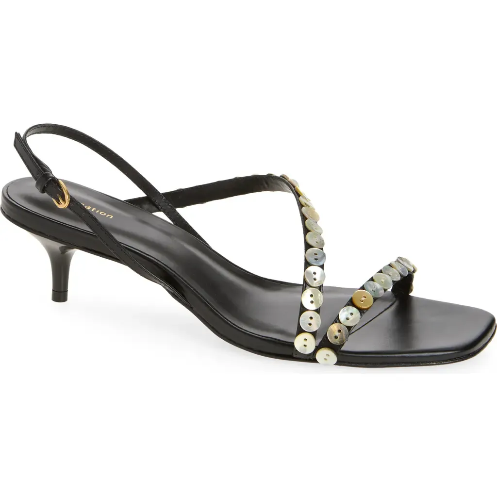 Shoshana Sandal in Black Leather Shell Buttons by Reformation