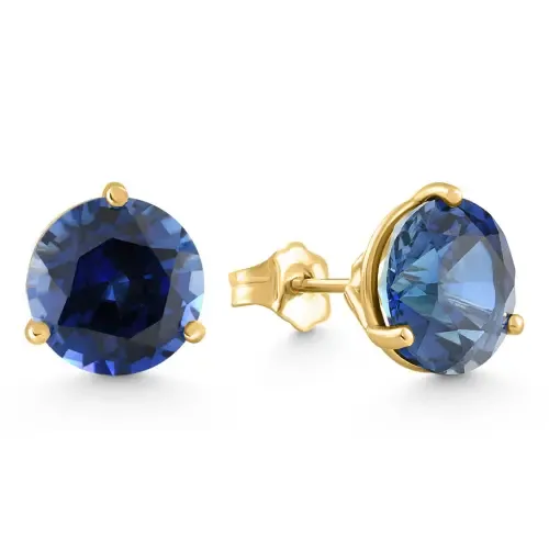 7Ct Round Blue Sapphire Studs 9mm 14k Earring 3 Prong Martini Lab Grown in Yellow Gold by Bliss Diamond
