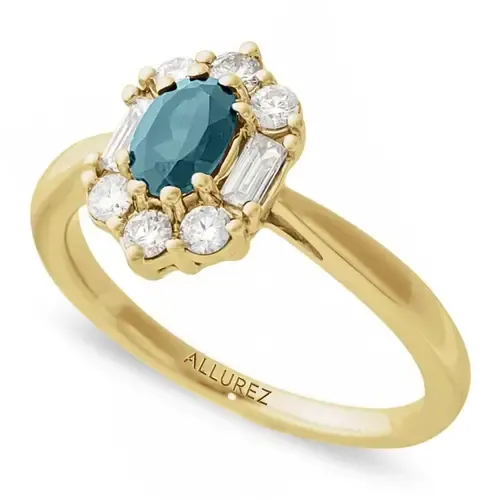 Oval Lab Aquamarine & Diamond Halo Ring 14K in 0.80Ct/Yellow Gold by ALLUREZ