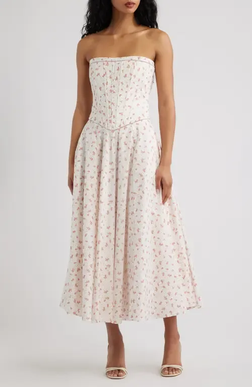 Gina Floral Strapless Corset Stretch Cotton Maxi Dress by HOUSE OF CB